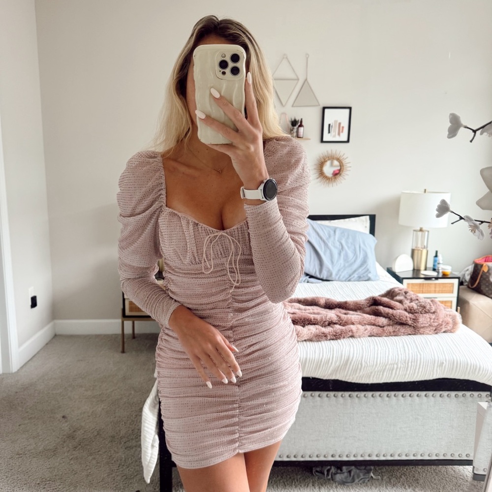 For Love & Lemons Pink Glitter Ruched Mini Dress Puff Sleeve - Picture 14 of 16